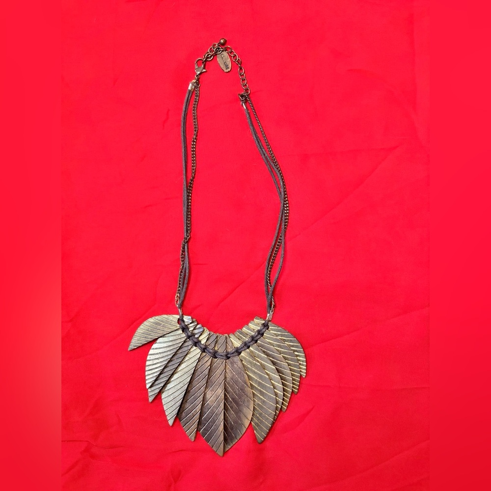 Heavy Brass-Toned Statement Necklace Tribal Leaf